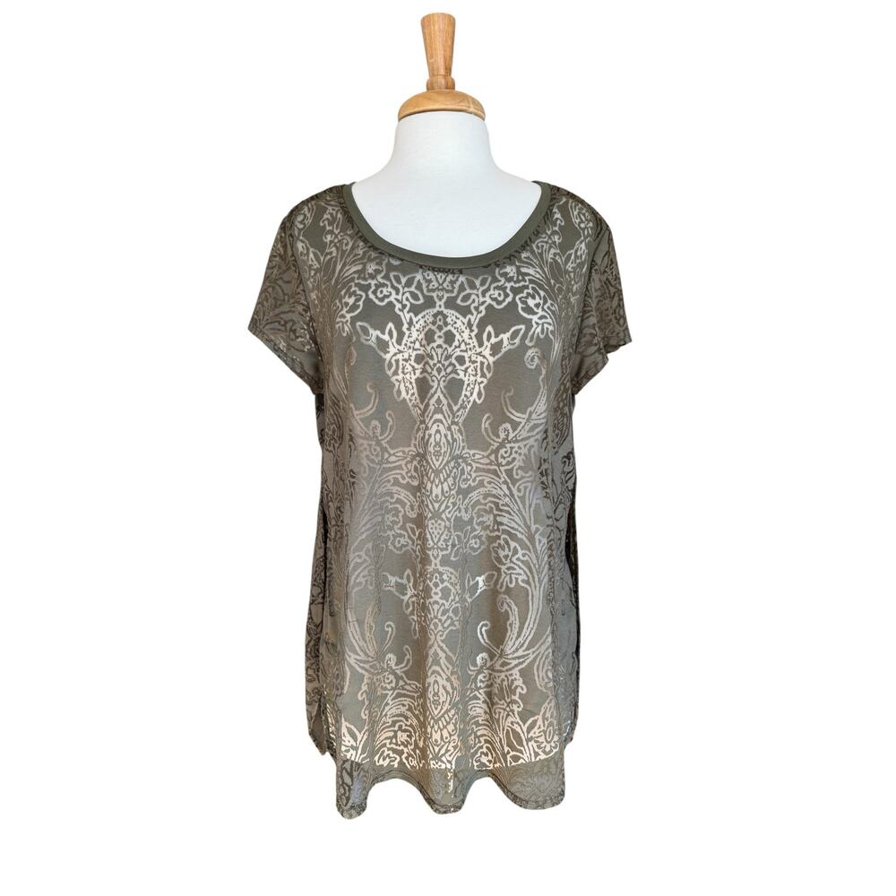 VTG Mossimo Sheer Olive Green Burnout Tunic Top XL Side Slit Indie Grunge Y2K